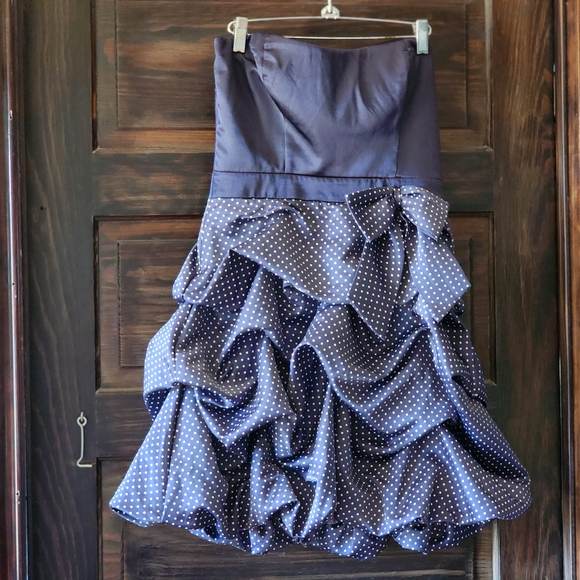 Trixxi Navy Homecoming Dress Strapless Polka Dot Sweetheart Skirt Bow Sz 11 - Picture 1 of 8